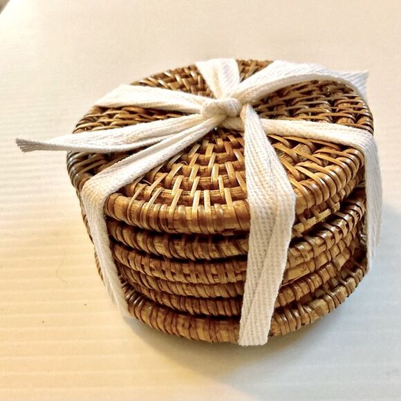 Woven Coasters Wicker Rattan Boho Bohemian 4" Across Set of 6 - Picture 5 of 10